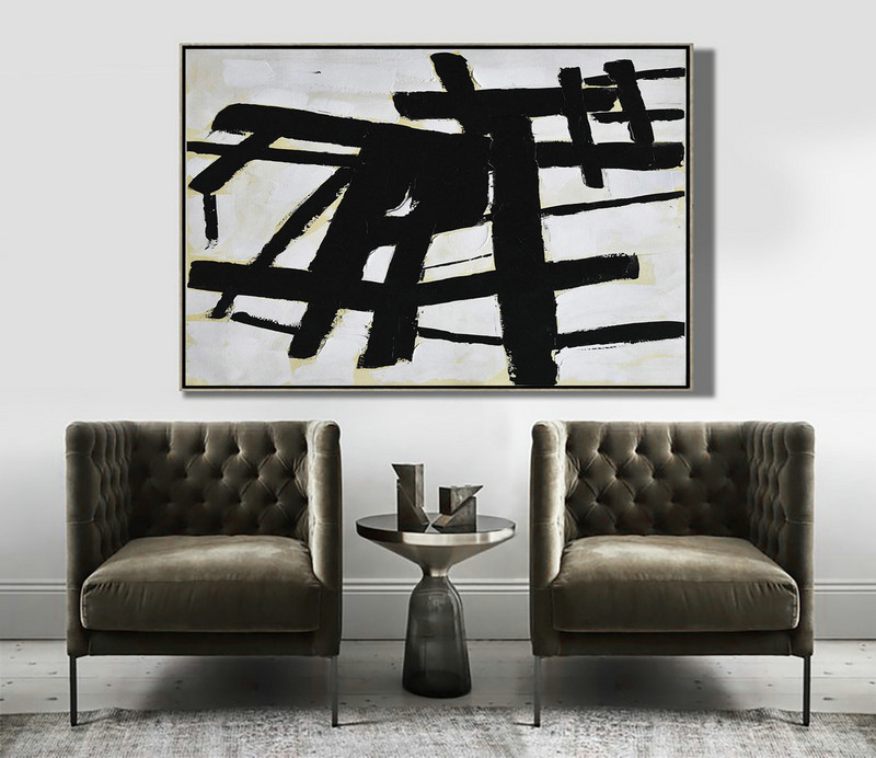 Original Art Acrylic Painting,Horizontal Palette Knife Minimal Canvas Art Painting Black White Beige - Large Contemporary Art Canvas Painting